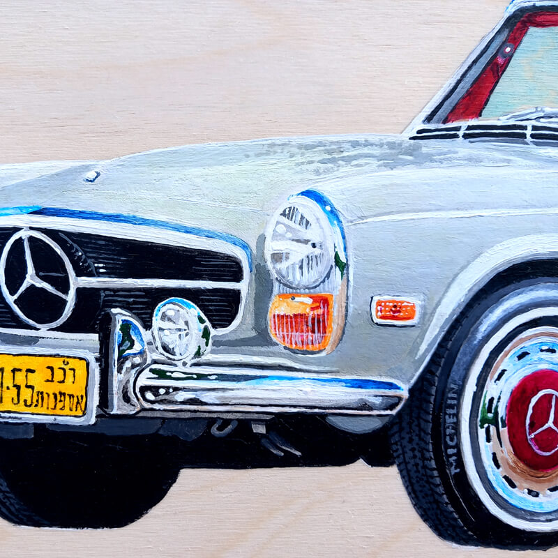 Automotive art on wood: Classic car painting of the Mercedes 280SL convertible.